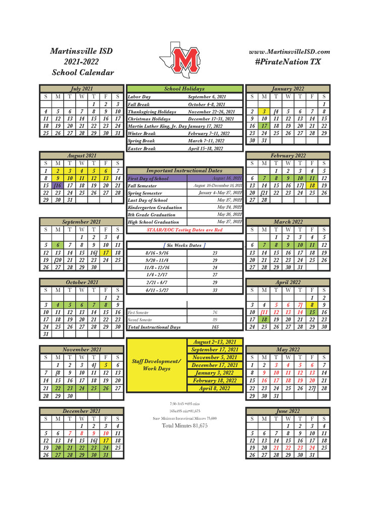 2021-2022 MISD Instructional Calendar