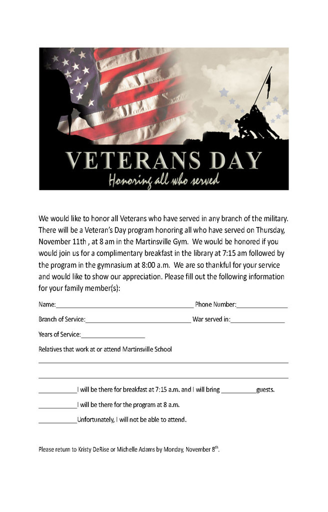 Veteran's Day flyer with information regarding the event to be held November 11. The form can be found at the link in the post.