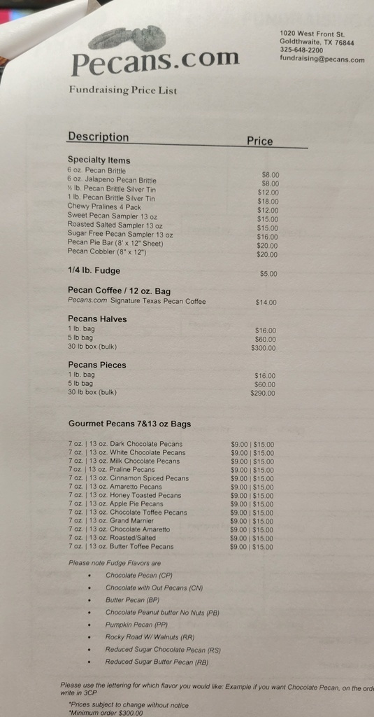 FCCLA Pecans.com Price List- Details to price list in post