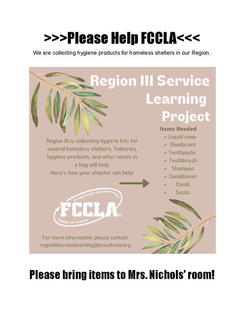 Image of flyer for FCCLA service learning project to collect hygiene products for local homeless shelters in our region. Full details of needed items in document linked in post