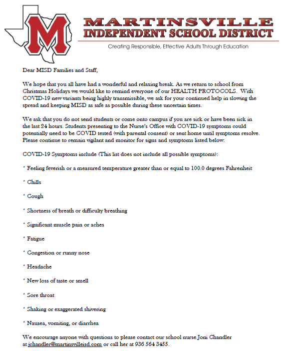 Health Protocol reminder letter. Details of letter in post and on website.