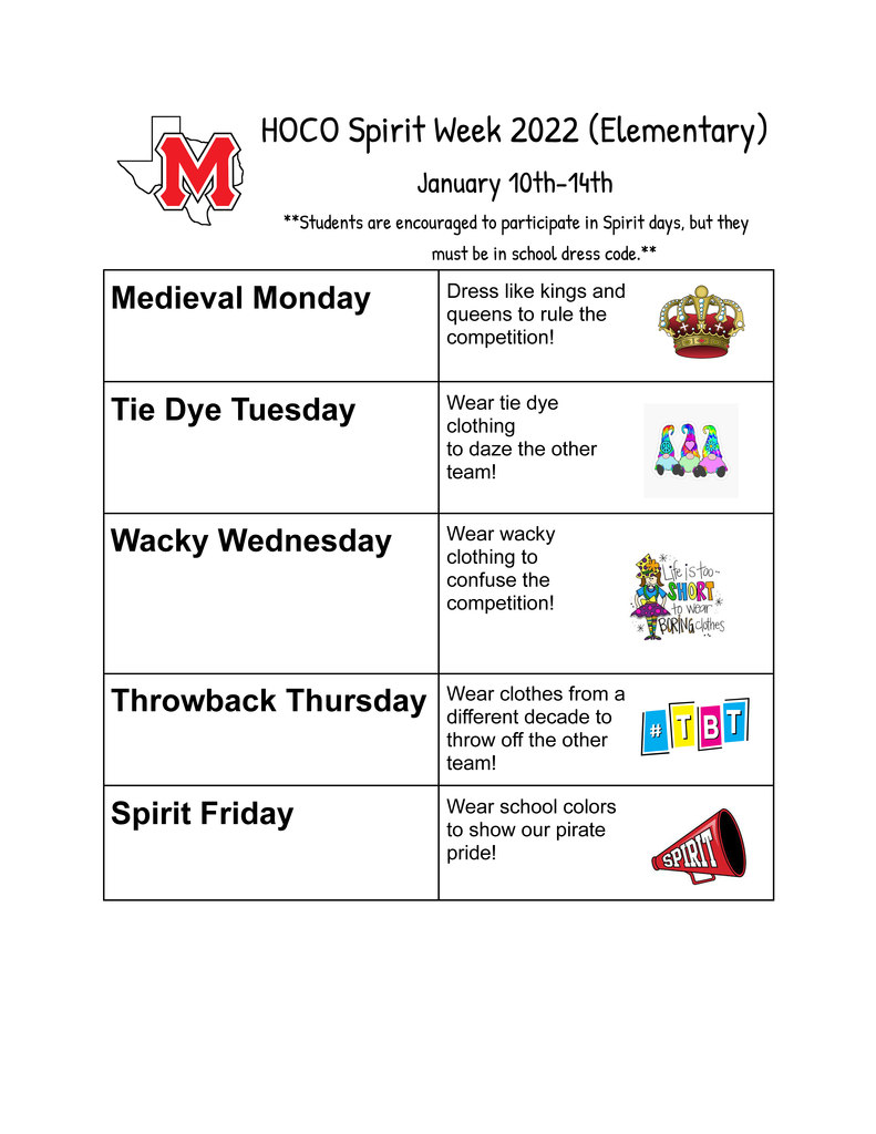 Elementary Homecoming Spirit Dress Up Themes- Details in linked document.