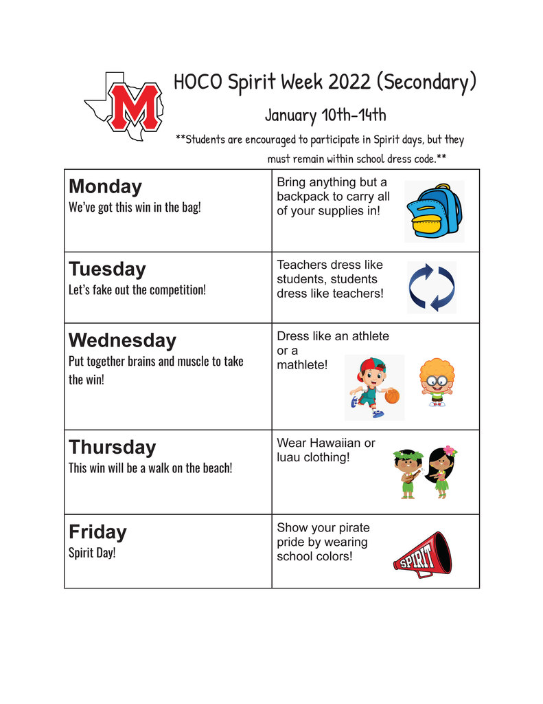 Secondary Homecoming Spirit Dress Up Themes- Details in linked document.