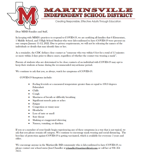 COVID notification letter. Details of letter in post and on website.