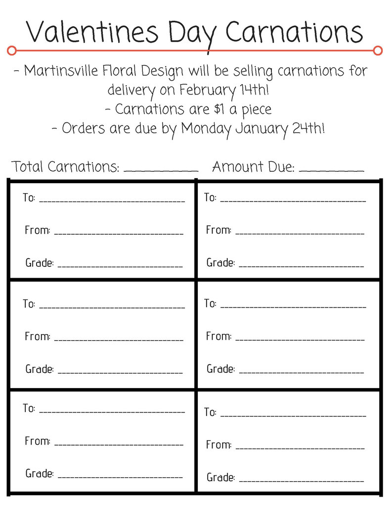 Floral Design Valentine's Day Carnation Fundraiser. Carnations are $1 per flower and orders are due on Monday, January 24. Order forms can be found at the link in the post.