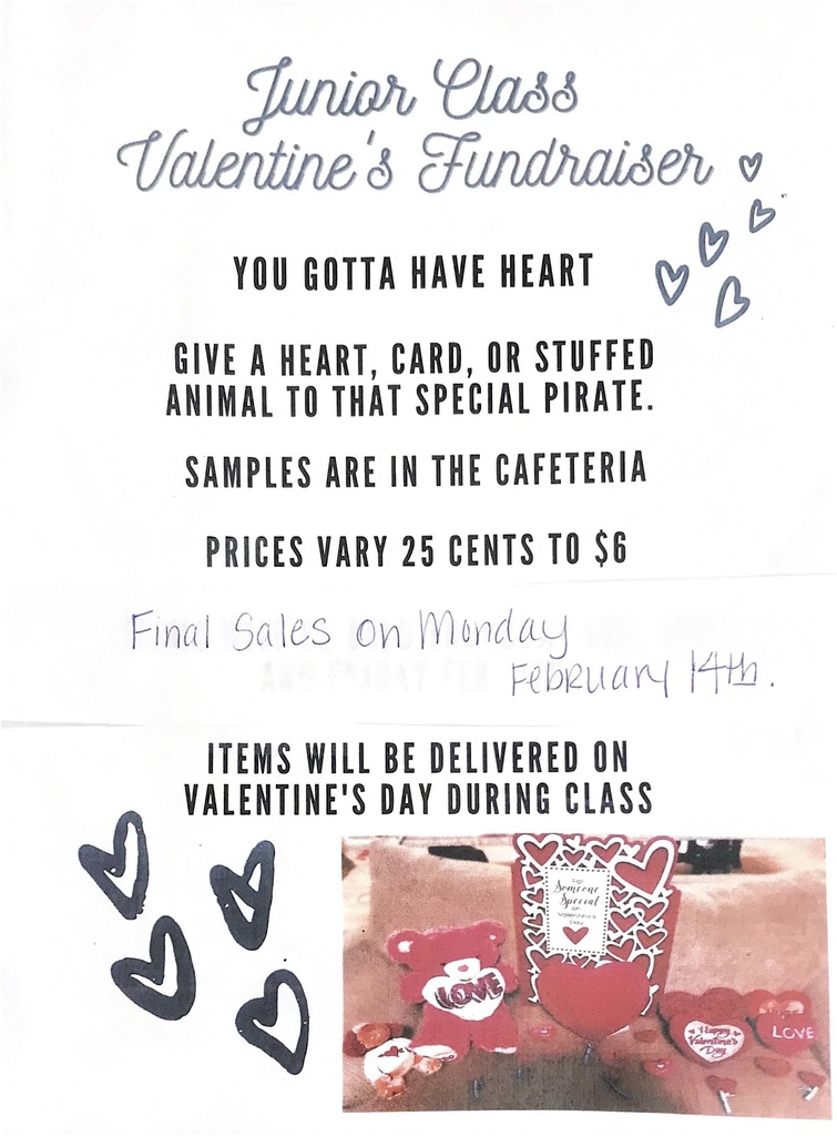 Junior Class Valentine’s Fundraiser  You gotta have heart  Give a heart, card, or stuffed animal to that special Pirate.  Samples are in the Cafeteria  Prices vary 25 cents to $6  Final Sales on Monday February 14th  Items will be delivered on Valentine’s Day during class