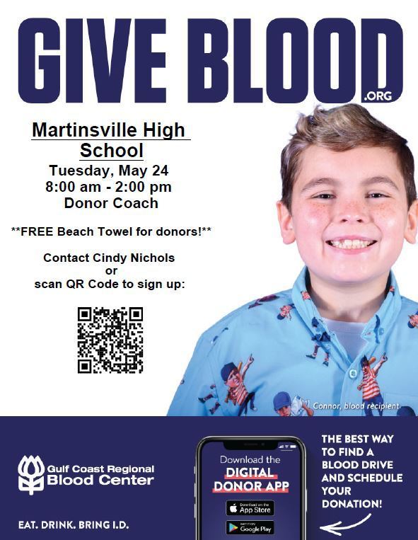 A flyer with a smiling boy underneath bold words "Give Blood", as well as other pertinent details for the Martinsville High School Blood Drive set to happen on Tuesday, May 24, 2022 from 8 AM to 2 PM. The full flyer is linked in the post.