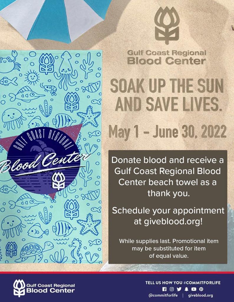 Flyer with ocean beach theme with details for donating blood. A link to the PDF of the flyer is here: https://5il.co/19vvt