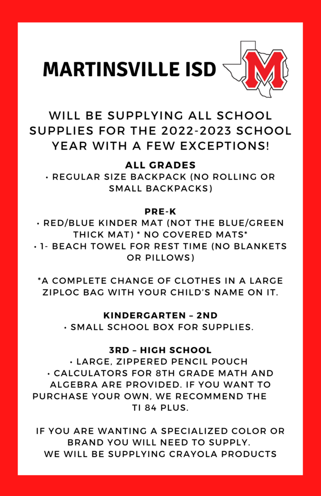2022-2023 School Supply List Update