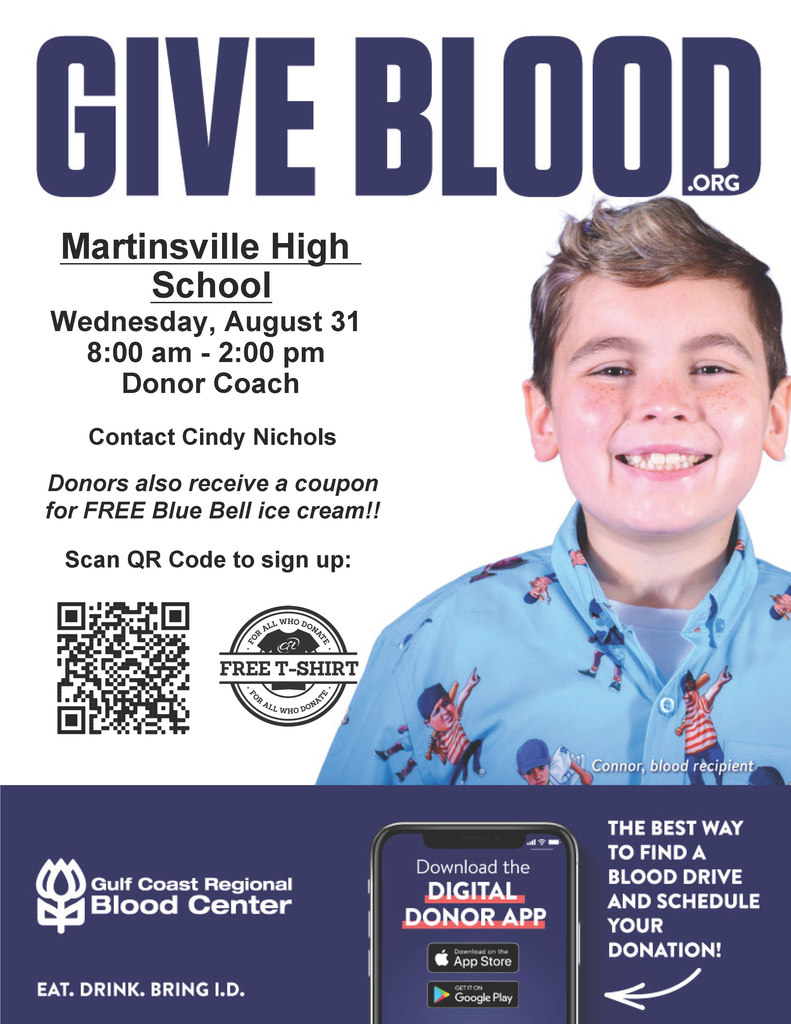 Smiling boy in front on a flyer with information about the FCCLA Blood Drive and a QR code to sign up. Full PDF linked in post.
