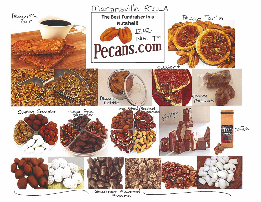 Photo of a flyer containing various products related to the MHS FCCLA Pecans.com fundraiser. For more details, please visit the PDF linked in the post and contact Mrs. Nichols at CNichols@MartinsvilleISD.com