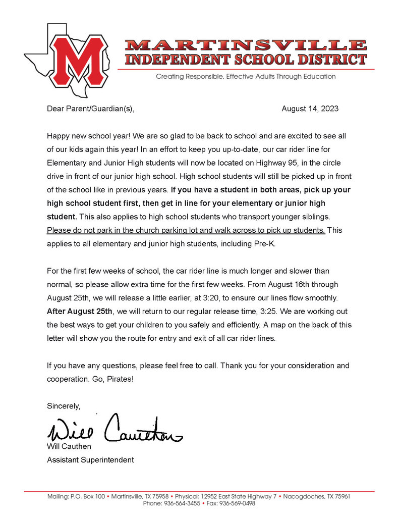 Letter from Associate Superintendent Will Cauthen addressing the new car rider pickup line for elementary and junior high